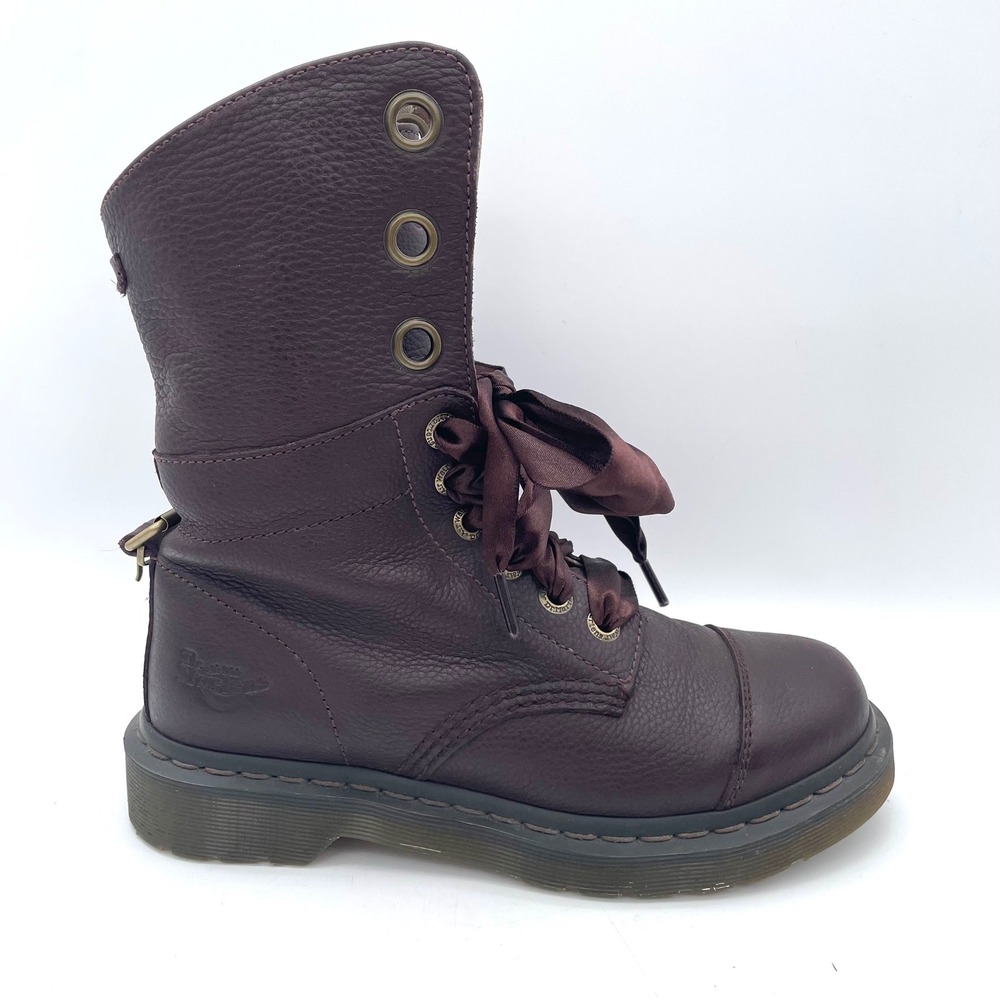 Dr. Martens Aimilita Fold Over Boots Women 7 Chocolate Brown Leather Ribbon Lace